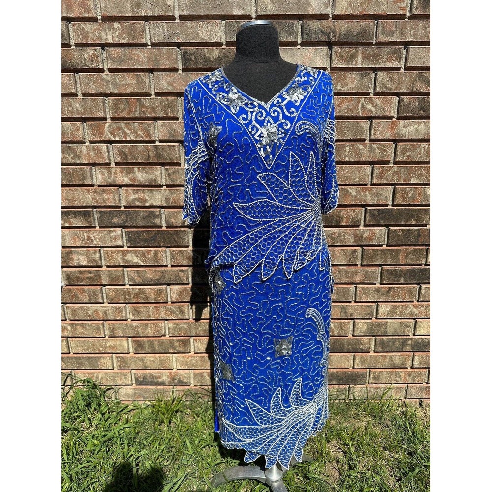 Vintage Dress APU Beaded‎ 80s Disco Flapper Blue Sequin Dress 2 Piece Medium